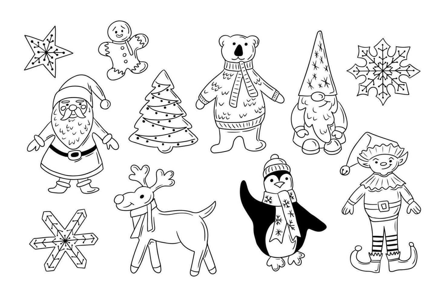 Weihnachten traditionell Zeichen Gekritzel Satz. skizzieren Hand gezeichnet Gliederung Design Weihnachten zum Färbung Seiten, Aufkleber, Muster. schwarz Weihnachtsmann, Rentier, Pinguin, Gnom, Elf, Polar- tragen, Lebkuchen Mann vektor
