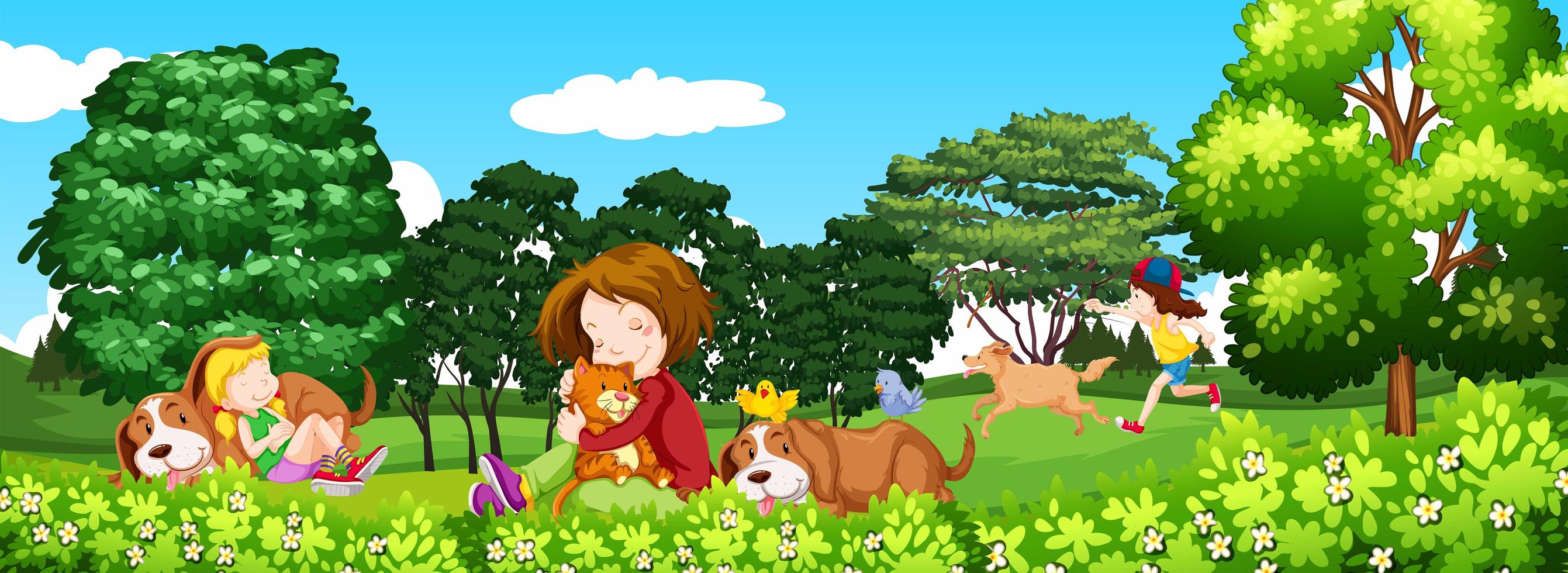 scen med barn och husdjur i parken vektor