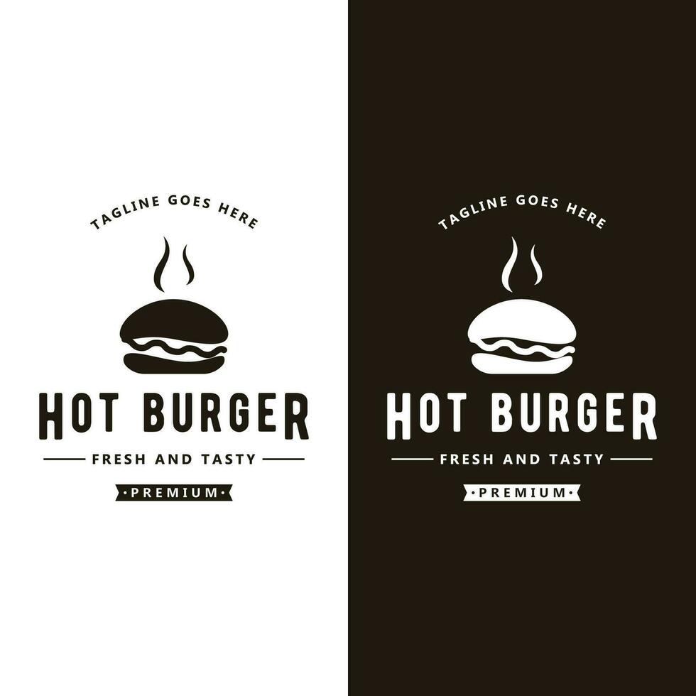 retro Jahrgang heiß Burger frisch und lecker Logo Design. Logo zum Restaurant, Geschäft, Etikett, Abzeichen und Emblem. vektor