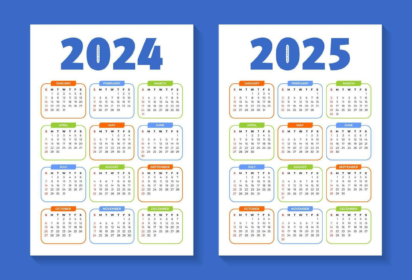 2024 och 2025 redigerbar kalender mall vektor