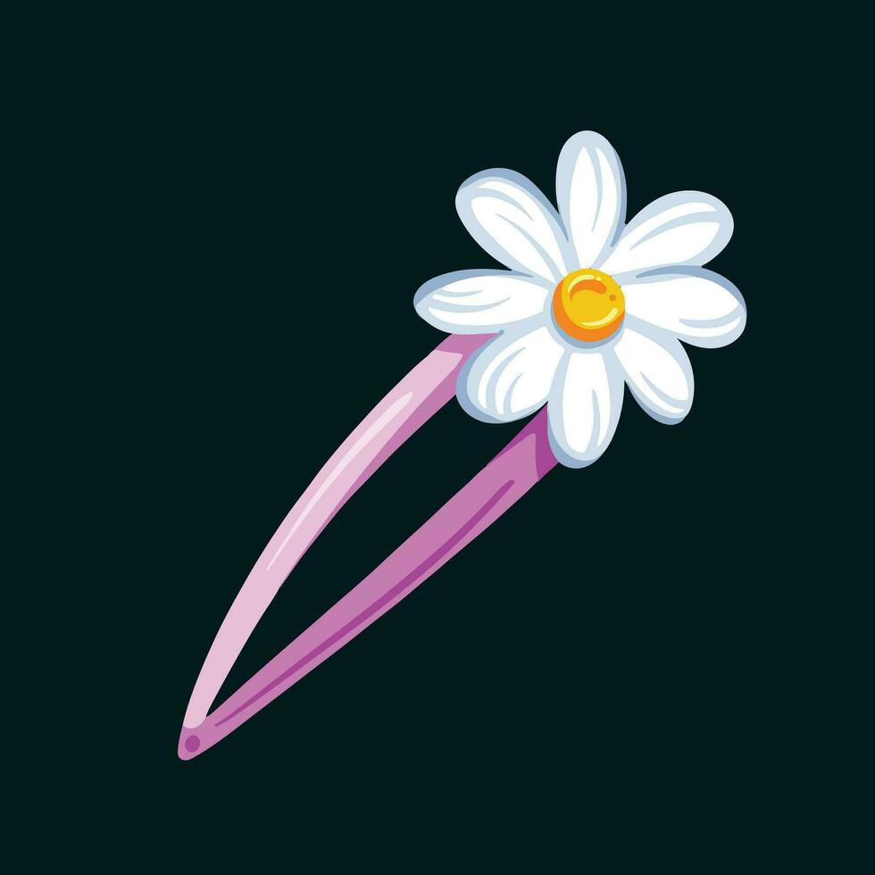 Weiß Gänseblümchen Blume Blütenblatt Rosa mädchenhaft Haar Stift. farbig Vektor Illustration Haar Zubehör isoliert auf dunkel Platz schwarz Hintergrund. einfach eben minimalistisch Karikatur Kunst gestylt feminin Objekt.