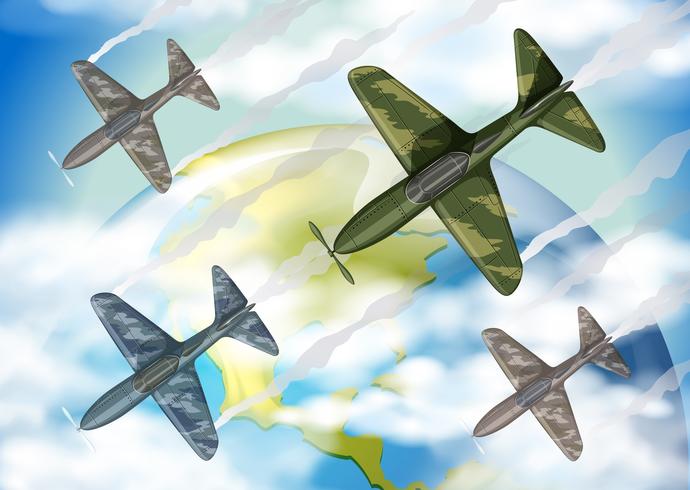 Vier Militärflugzeuge fliegen über die Welt vektor