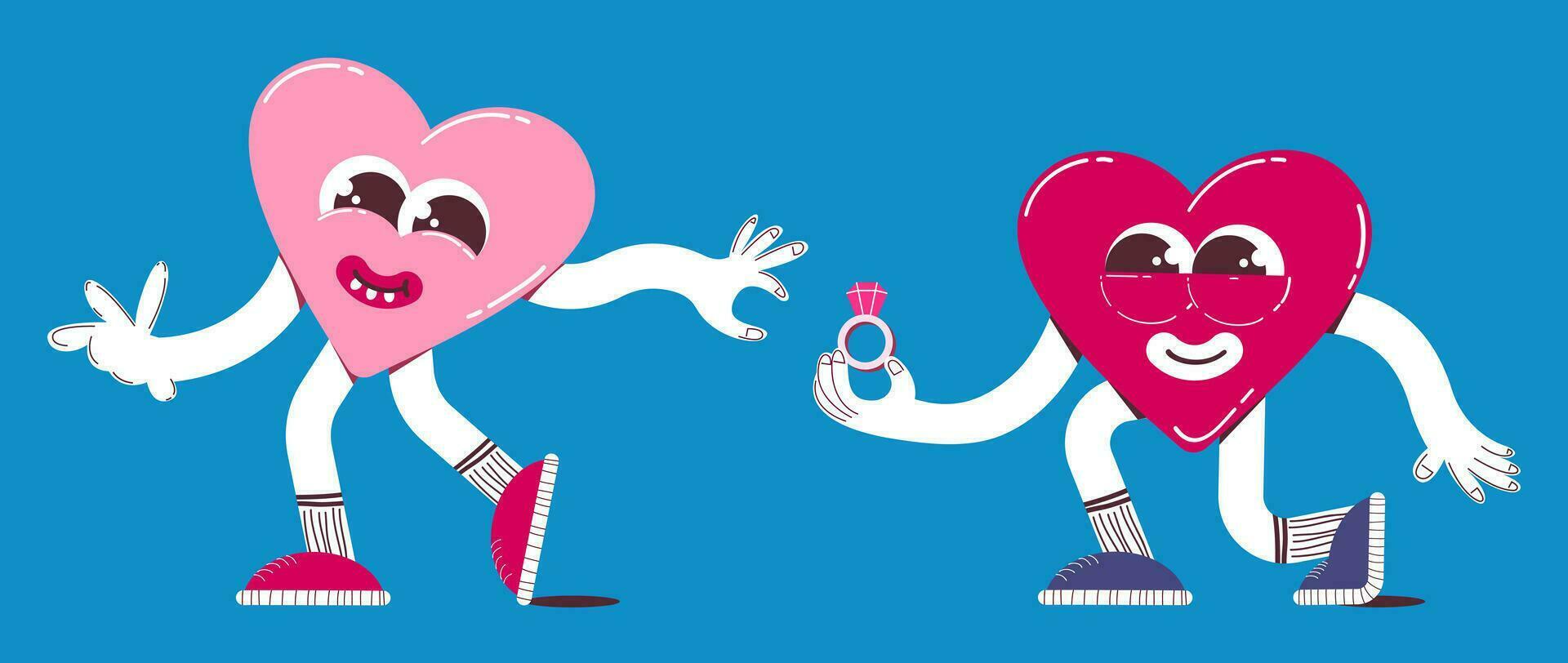 söt hjärta karaktär föreslår äktenskap i retro tecknad serie stil. trendig, färgrik, hjärtans dag hjärta maskot vektor illustration.