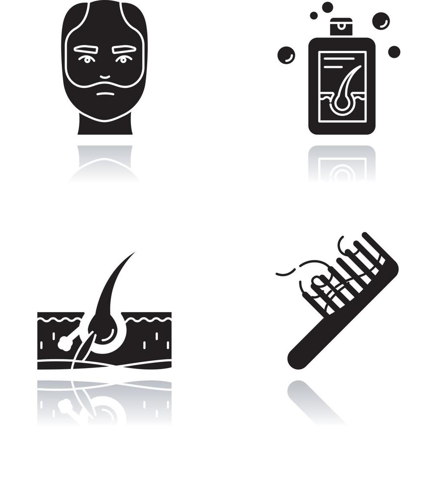 Haarausfall Schlagschatten schwarze Glyphe Icons Set vektor