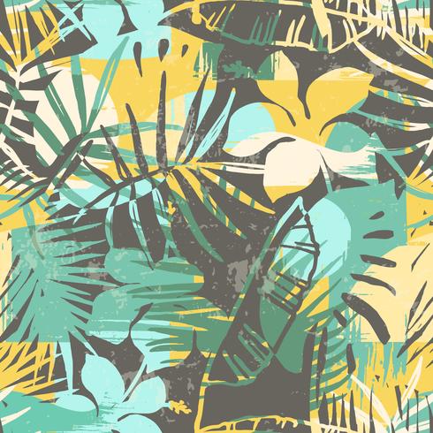 Seamless exotiskt mönster med tropiska växter och konstnärlig bakgrund. vektor