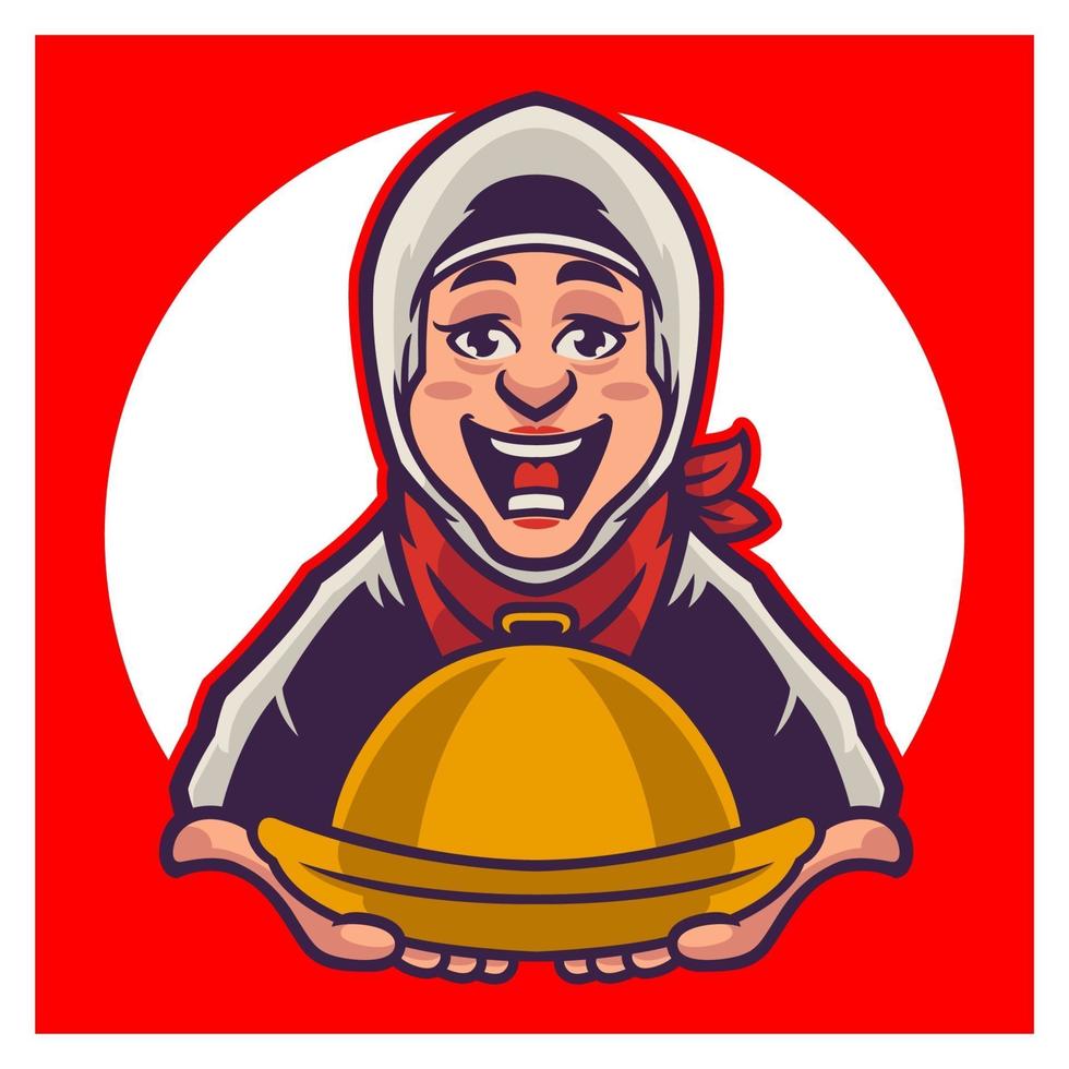 Frau Koch Cartoon-Logo. Charakter Frau muslimischer Koch mit lächelnder Pose und hält silberne Cloche Essen Teller. glücklicher Koch liebt das Kochen. Logo-Halal-Essen. Vektorillustration für Ihr Design vektor