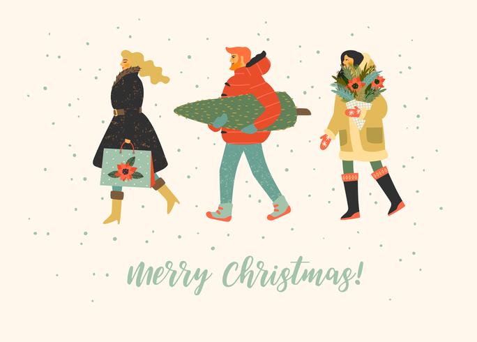 Jul och gott nytt år illustration med människor. Trendig retrostil. vektor