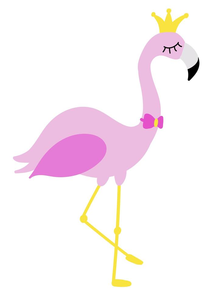 süßer Flamingo mit Krone und Schleife. flache Vektorgrafik vektor