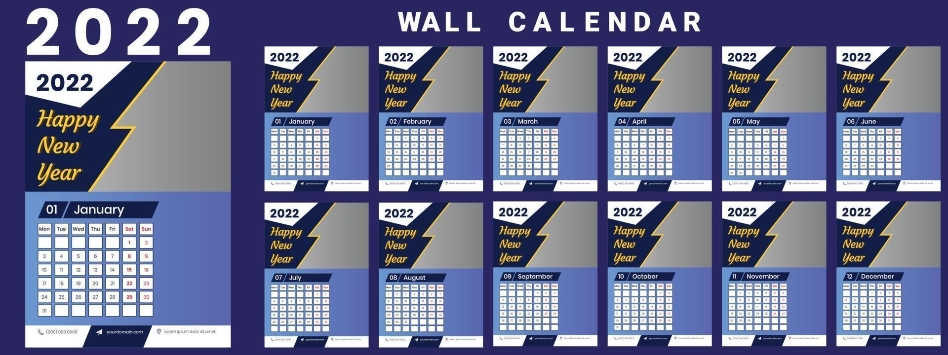 Wandkalender 2022 Wochenstart Montag Corporate Design Vorlage Vektor