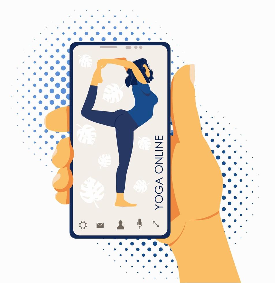 yoga online. flicka coach på en smartphone skärm genomför en lektion live vektor