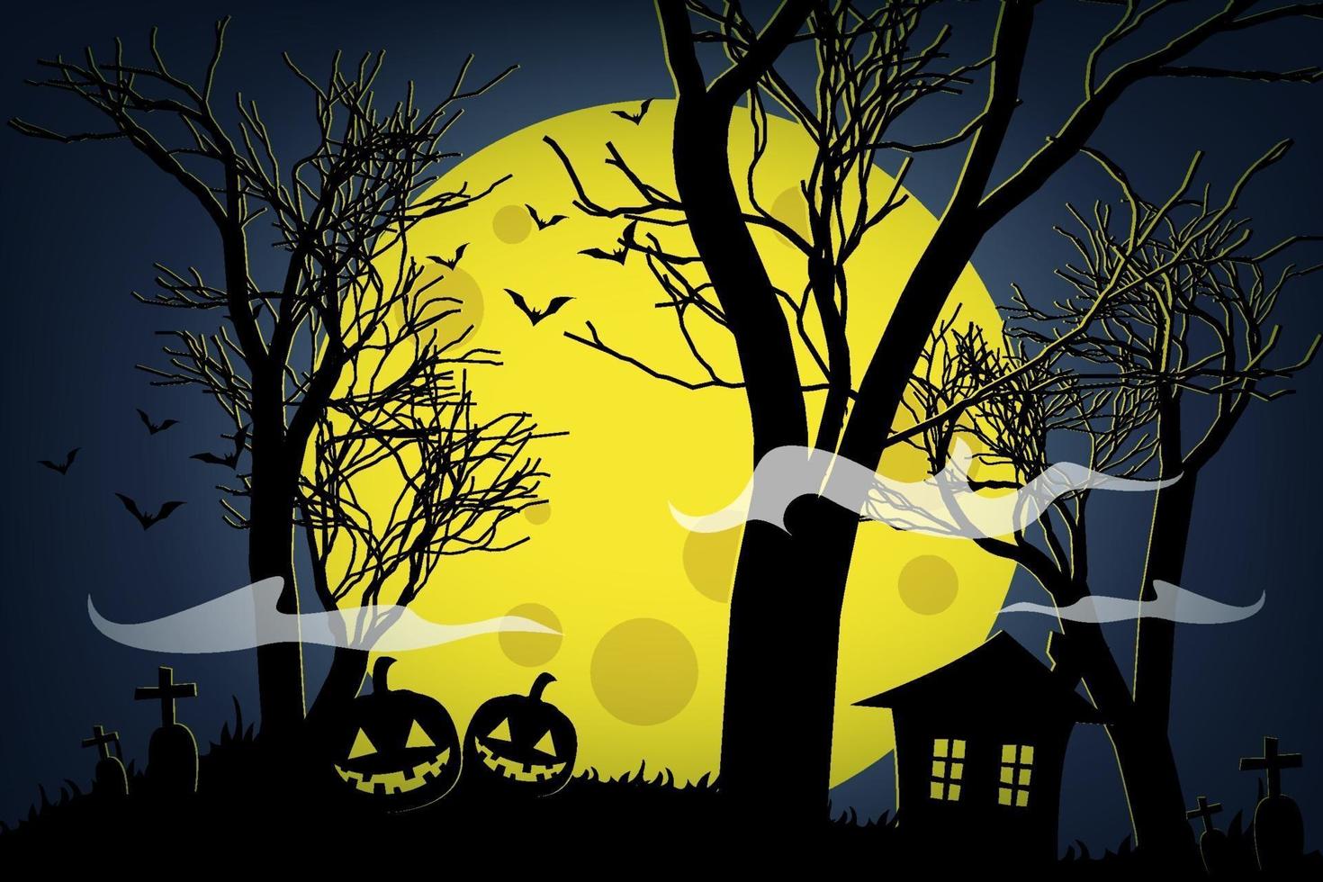 Halloween-Kürbisse und dunkles Haus auf gelbem Mondhintergrund. vektor