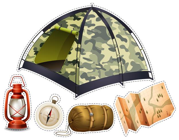 Klistermärke med campingutrustning vektor
