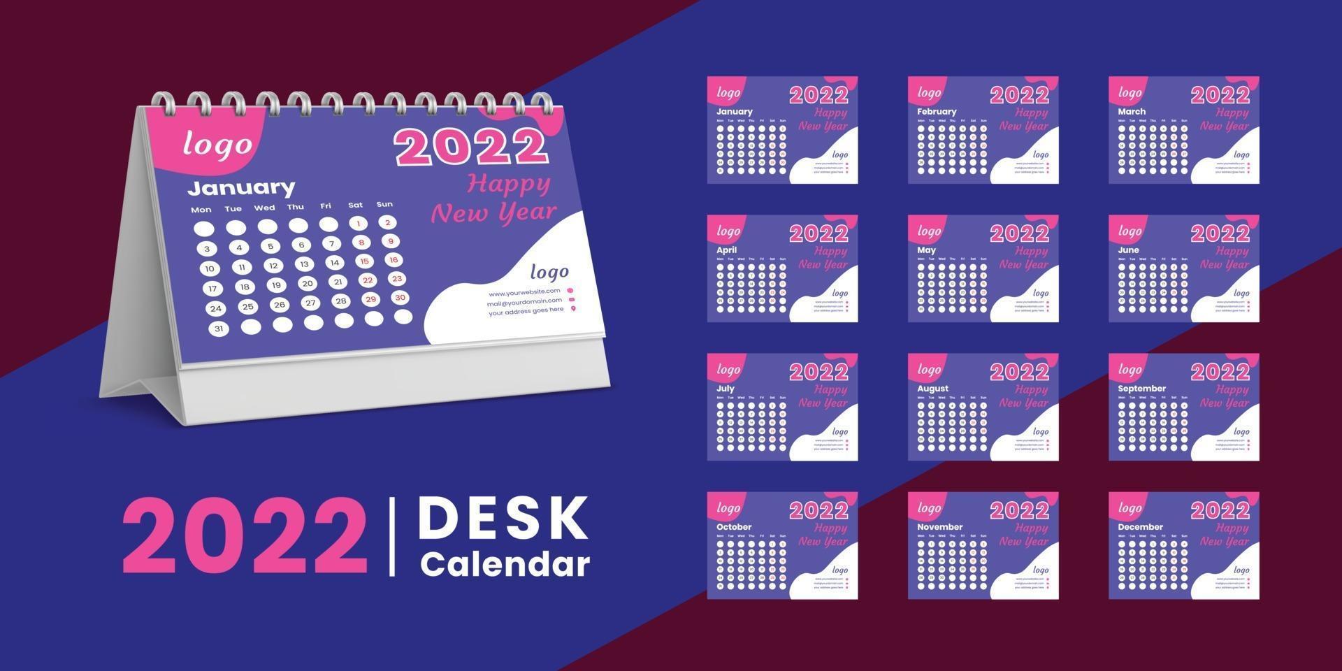 Set Tischkalender 2022 Vorlagendesign, Satz von 12 Monaten, vektor