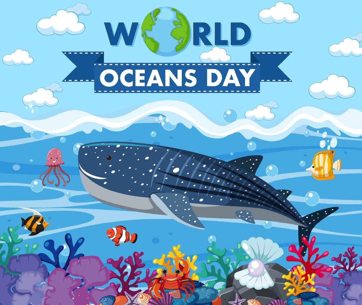 World Ocean Day Banner mit vielen verschiedenen Meerestieren many vektor
