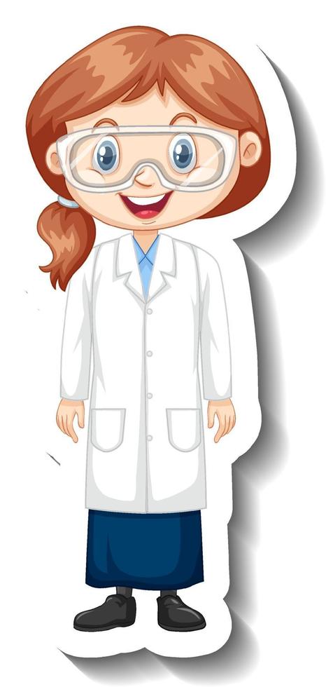 Zeichentrickfigur-Aufkleber mit einem Mädchen im Wissenschaftsgewand vektor