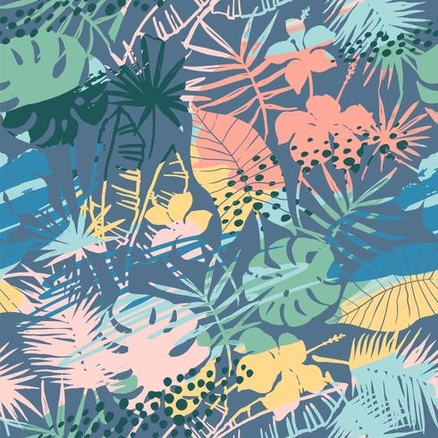 Seamless exotiskt mönster med tropiska växter och konstnärlig bakgrund vektor