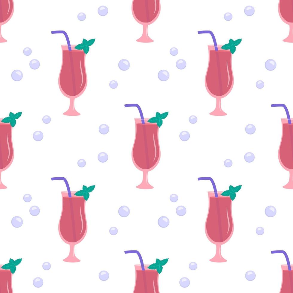 sömlösa mönster med glas rosa cocktail med rör, mynta blad vektor
