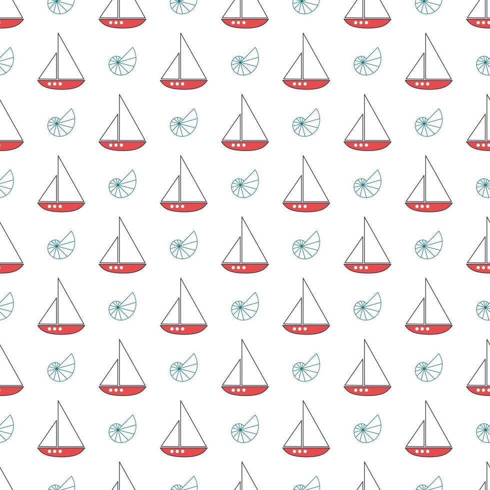 sommerliches nautisches Muster mit Schiffen mit Segeln und Muscheln vektor