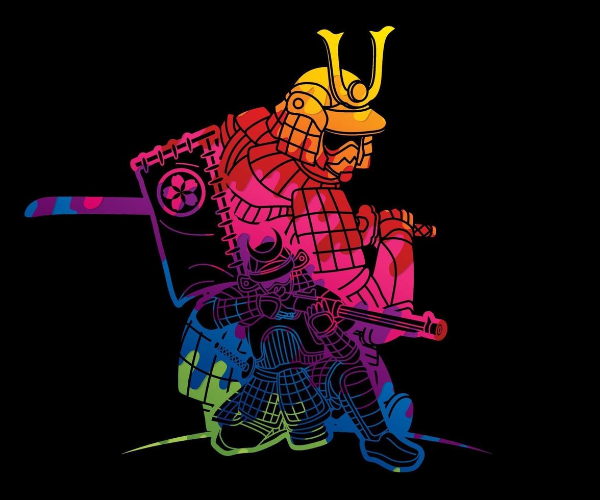 abstrakter Samurai-Krieger mit Waffengruppe des japanischen Ronin-Kämpfers vektor
