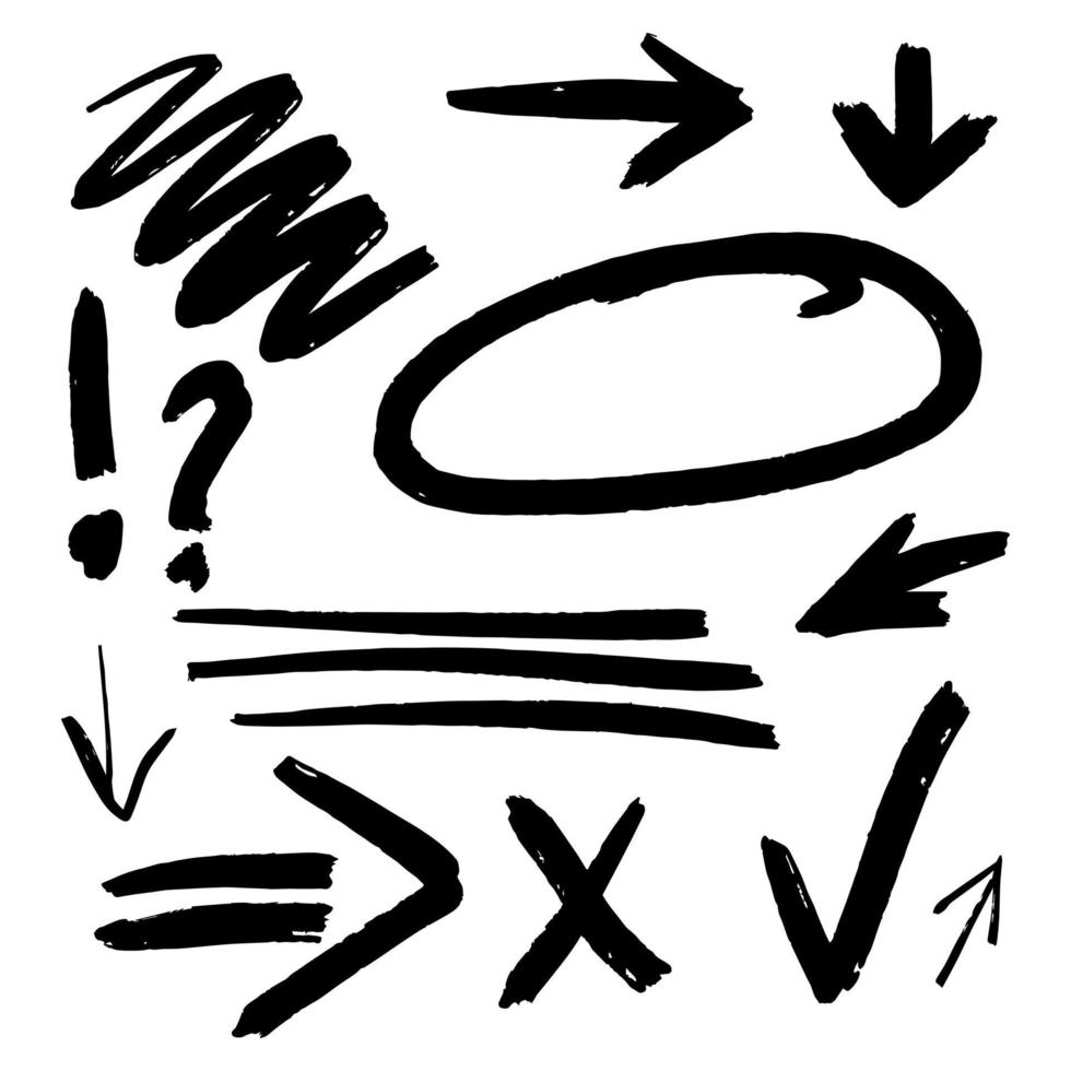 Satz von handgezeichneten schwarzen Grunge-Marker kritzelt Zeichen - Pfeile, Linien vektor
