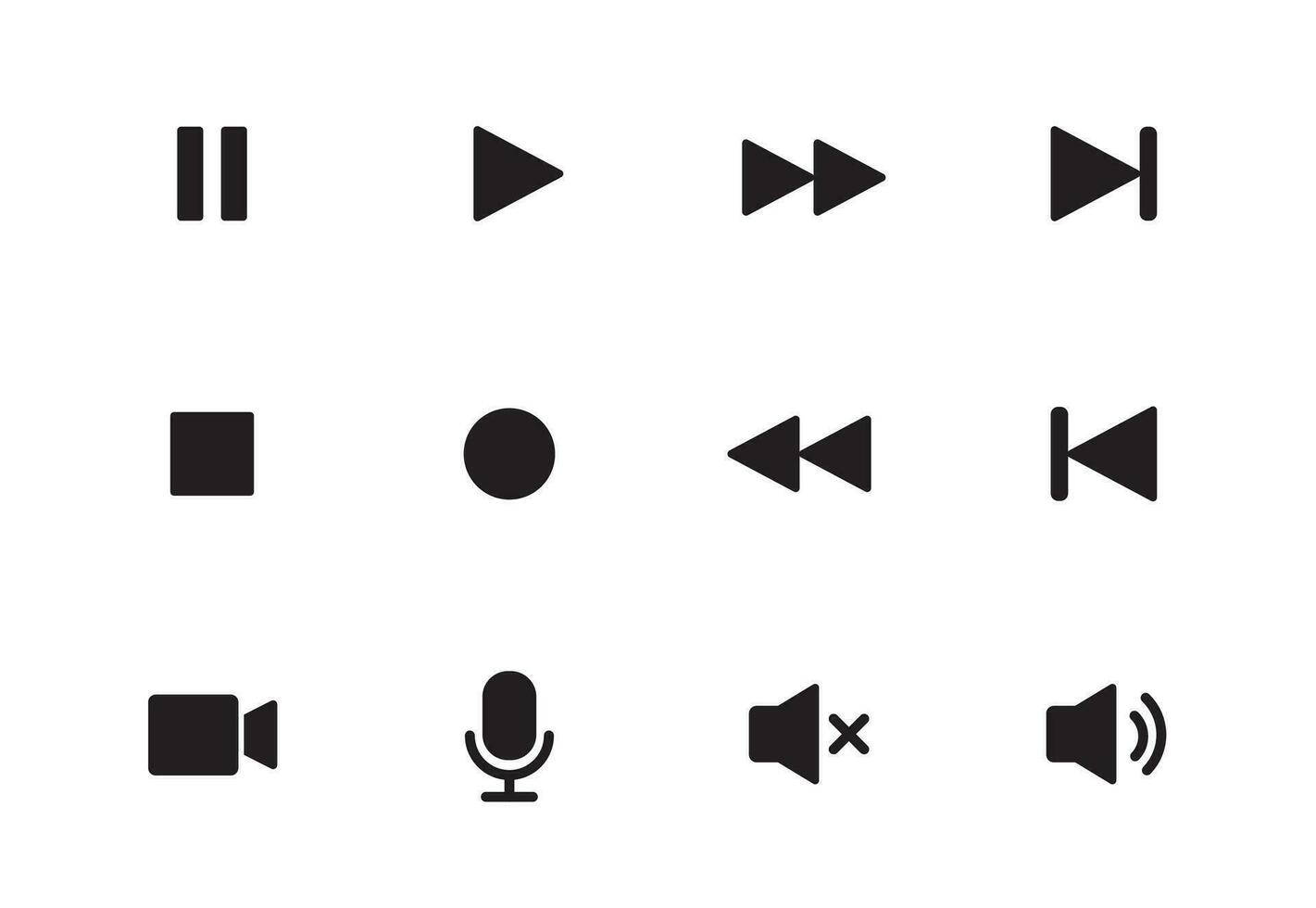 Audio, Video, Musik- Spieler Taste Symbol. Klang Kontrolle, spielen, Pause Taste solide Symbol Satz. Kamera, Medien Kontrolle, Mikrofon Schnittstelle Piktogramm. Vektor