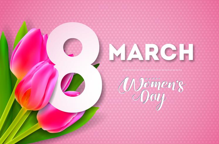 Lycklig kvinnodag illustration med tulpanbukett och 8 mars typografi brev på rosa bakgrund. Vektor vårblomma design