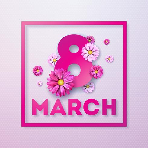 8. März Blumengrußkarte der glücklichen Frauen Tages. Internationale Feiertags-Illustration mit Blumen-Design auf rosa Hintergrund. vektor