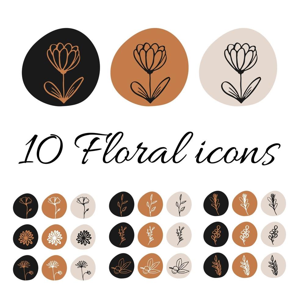 10 florale handgezeichnete Symbole gesetzt vektor