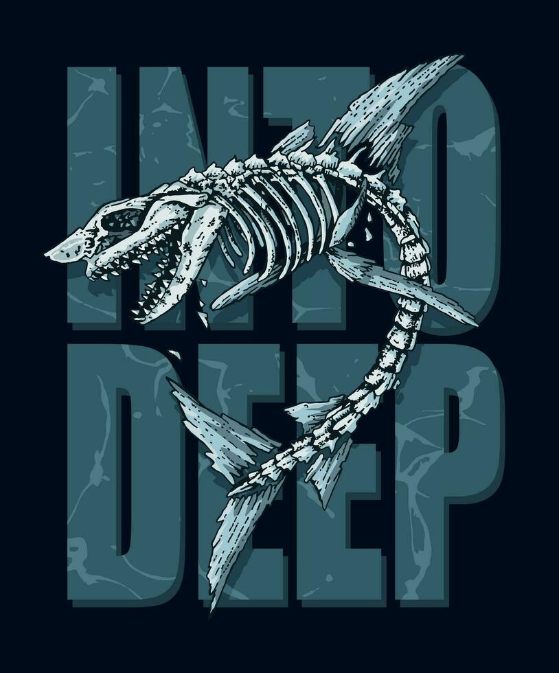 handgjort vektor illustration av haj skelett i sammansättning med text. redigerbar konst för utskrift på t-shirts, posters och etc.