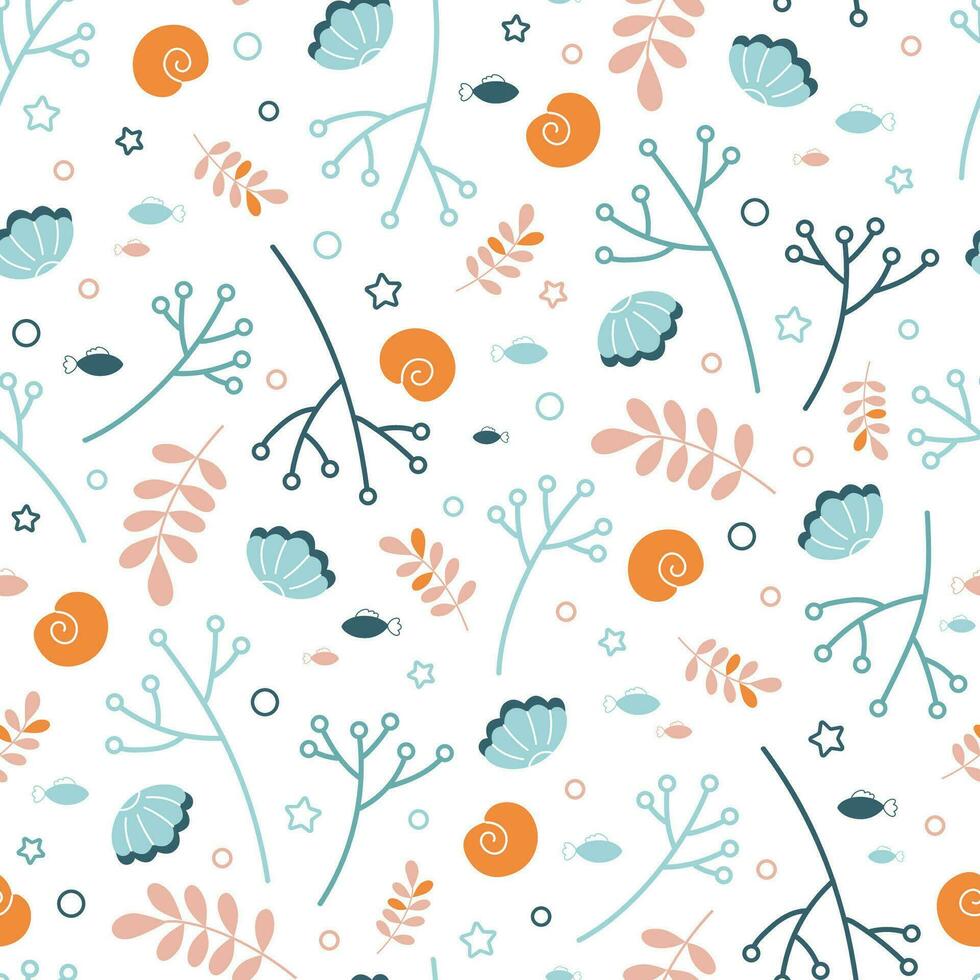 sommar marin skriva ut med alger, kvistar, skal på en vit bakgrund. sömlös vektor mönster med hand dragen i klotter stil hav element för textilier, barn och kvinnor Kläder