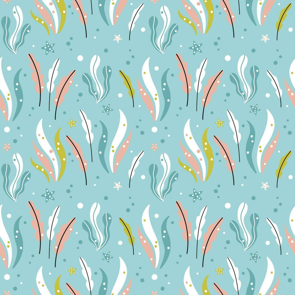 söt sommar marin skriva ut med färgrik sjögräs på blå bakgrund. sömlös vektor mönster med korall rev växter för barn textil, kläder, omslag papper