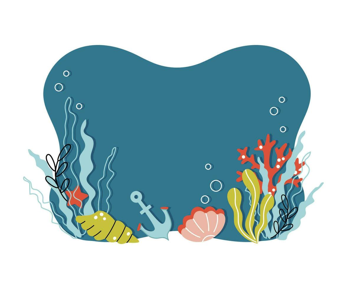 Sommer- nautisch Illustration im Karikatur eben Stil. abstrakt Vektor rahmen. Hand gezeichnet Meeresboden, Algen, Muscheln, Anker auf ein dunkel Blau Hintergrund zum Verkauf Banner, Einladungen, Karten, Aufkleber
