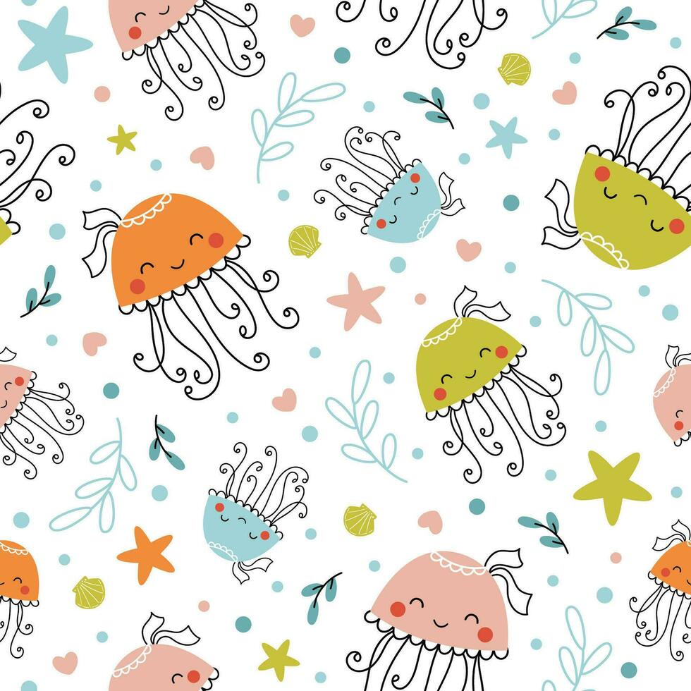süß Sommer- drucken mit Baby Qualle Schwimmen unter Wasser. nahtlos Vektor Muster - - komisch Meer Tiere, Muscheln, Pflanzen Hand gezeichnet im einfach Gekritzel Stil zum Kinder Kleidung, Verpackung Papier