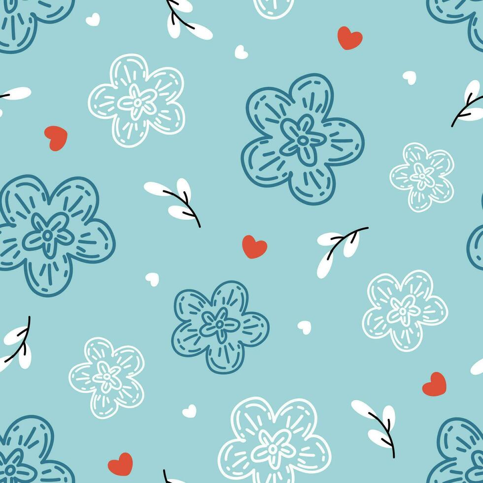 söt blommig mönster med hand dragen skiss blommor på blå bakgrund. enkel abstrakt vektor sömlös bakgrund för kvinna textil, omslag papper