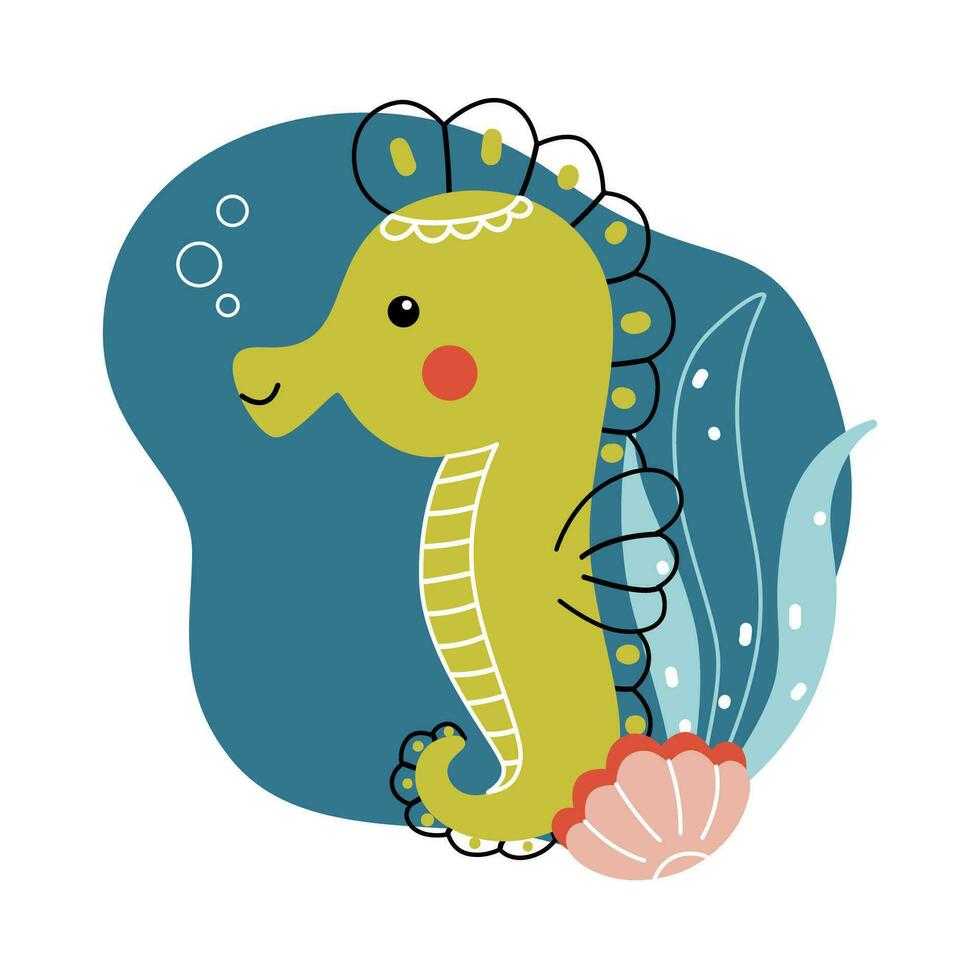 söt bebis sjöhäst. rolig vektor under vattnet illustration med vild exotisk djur- simning på blå bakgrund dragen i tecknad serie stil för barn textil, kort, klistermärken