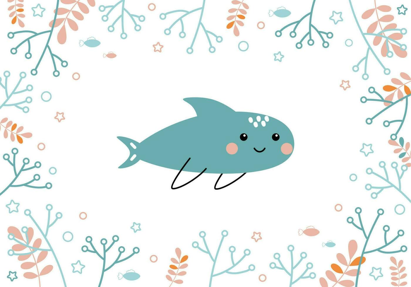 süß Baby Hai Schwimmen unter Wasser. Meer Tiere, Fische, Algen. Sommer- Vektor Illustration gezeichnet im Gekritzel Stil