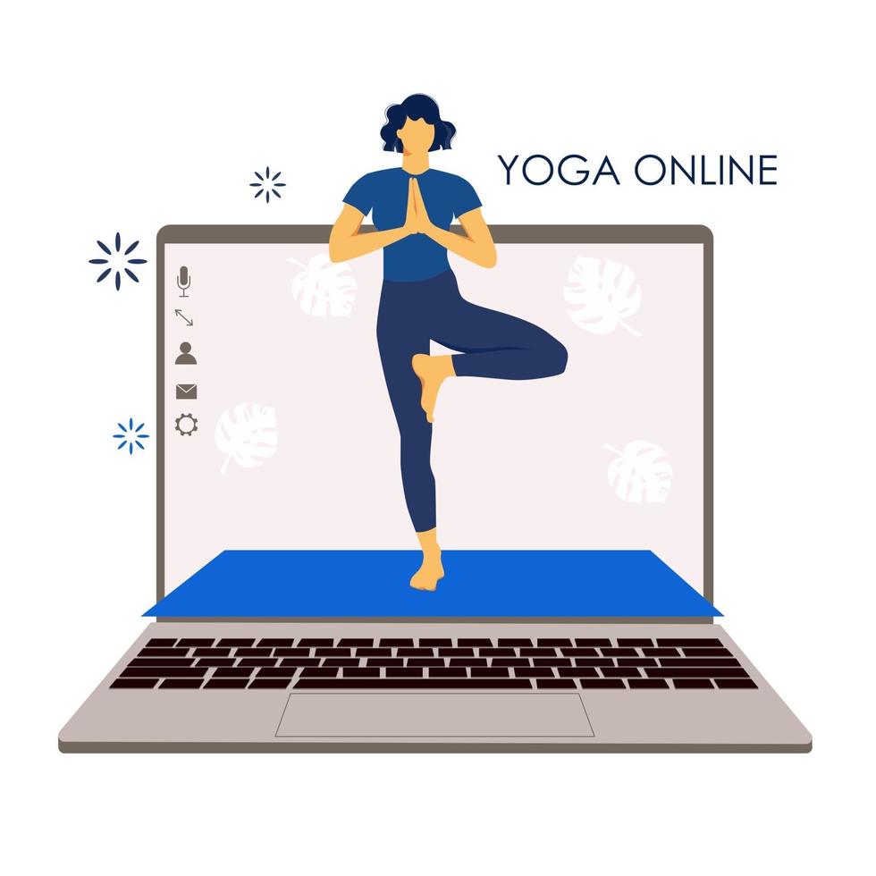yoga online. flicka coach håller en lektion online. bärbar datorskärm. sporter vektor