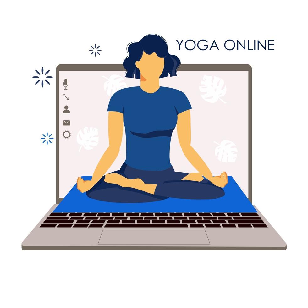 Yoga im Internet. Mädchentrainer hält eine Online-Lektion. Laptop Bildschirm vektor