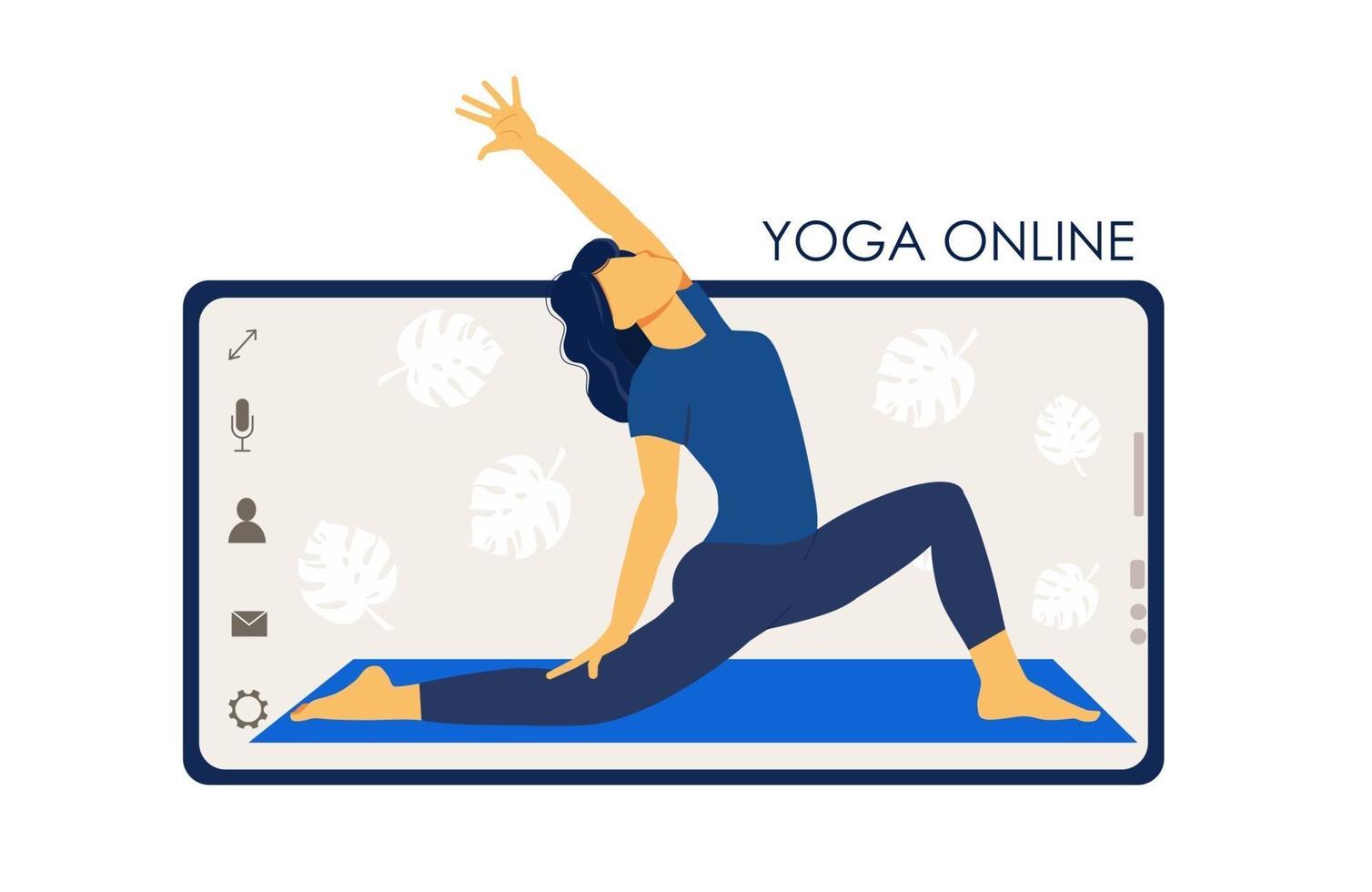 yoga online. flicka coach på en smartphone skärm genomför en lektion live. vektor