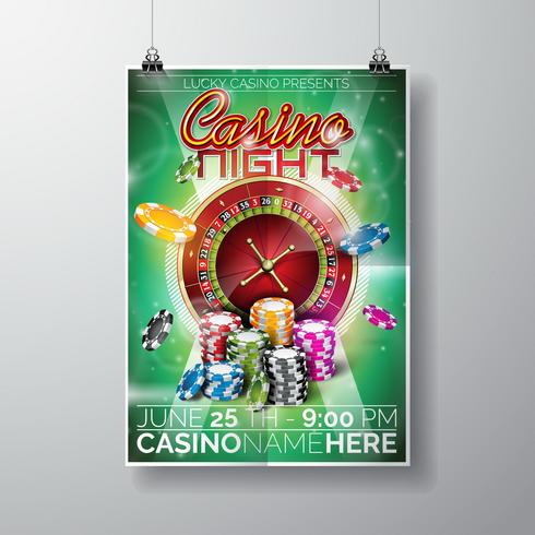 Vector Party Flyer design på ett kasinotema med chips och roulettehjul
