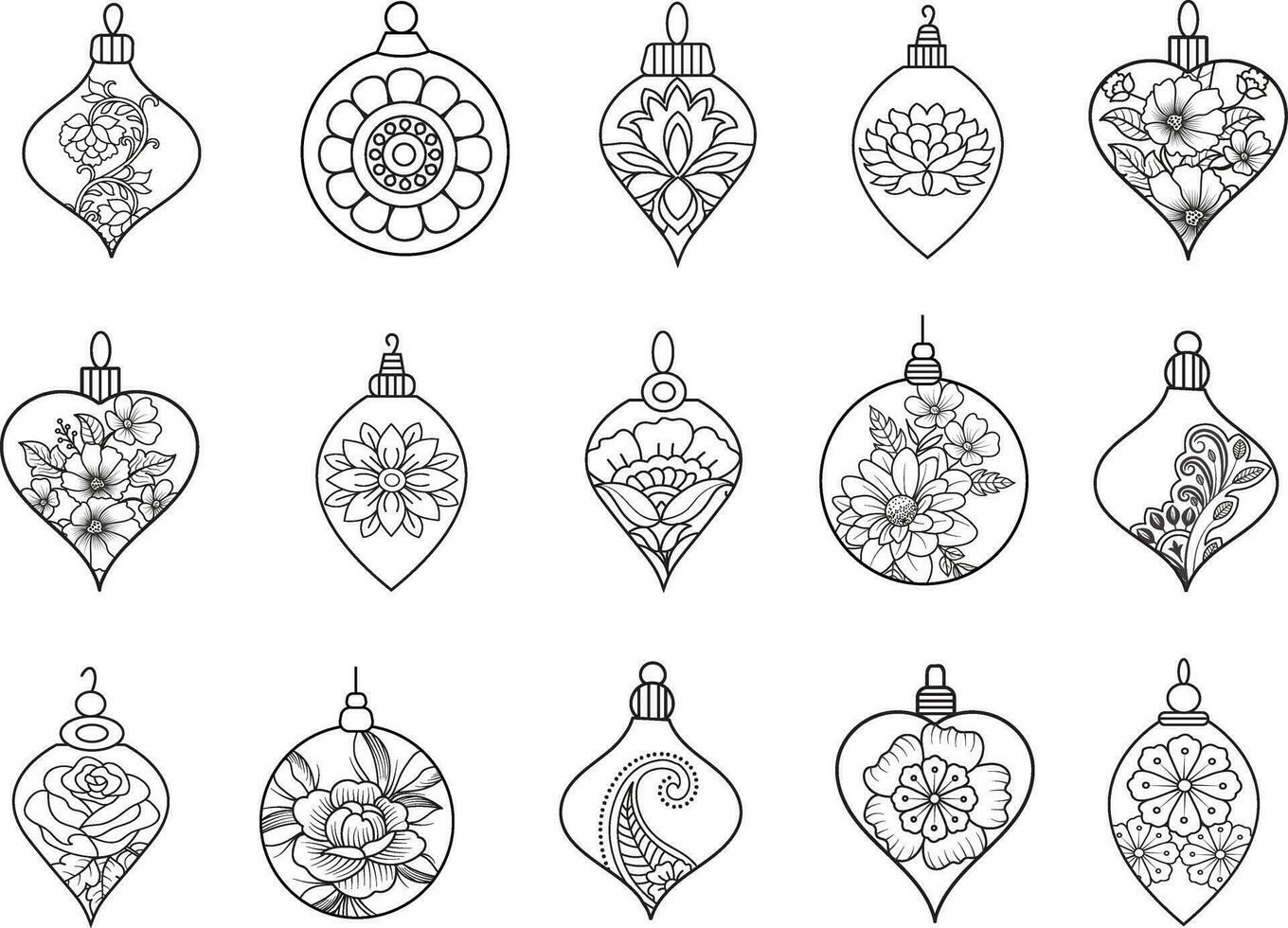 jul ornament uppsättning med bollar, snöflingor, hattar, stjärna, jul träd, orange, strumpa, gåva, dryck och girlanger. vektor ikoner för företag och högtider