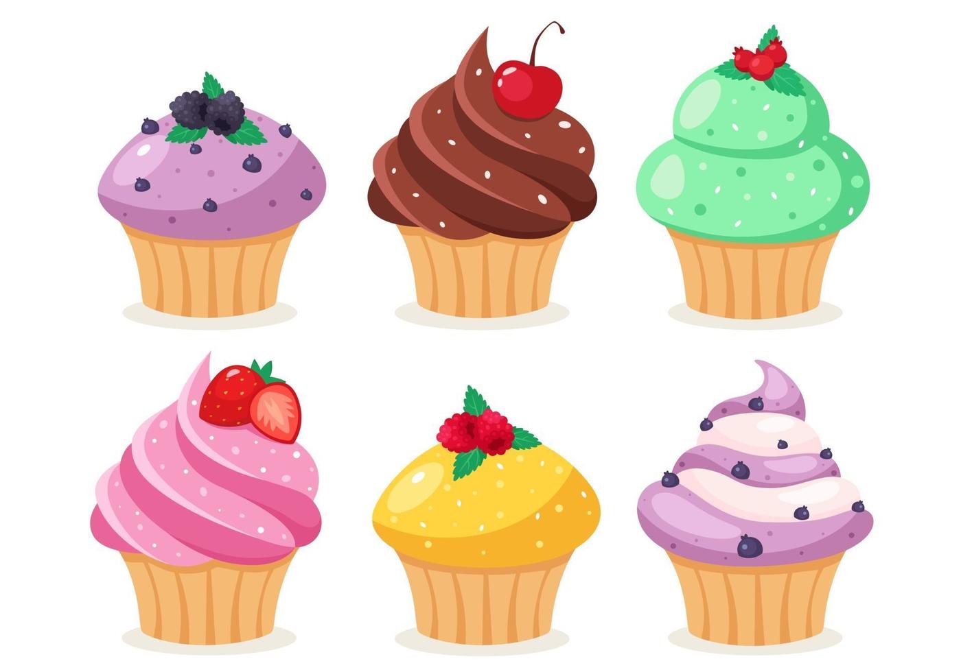 Cupcakes eingestellt. süßes Gebäck mit Kirsche, Erdbeere, Heidelbeere vektor