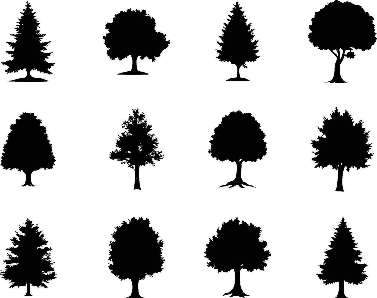 Baum Symbol Satz. Pflanzen mit Blatt Silhouetten. Wald und Garten Symbol. Vektor Illustration.