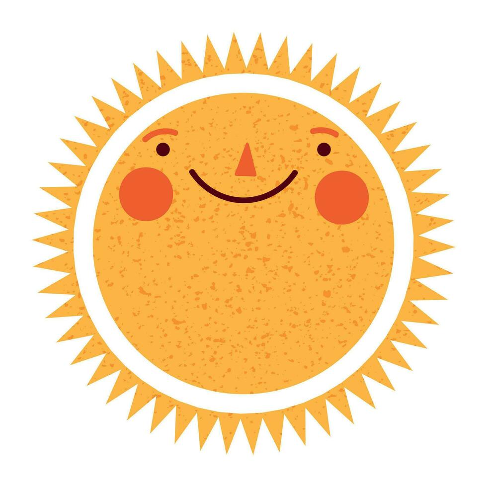 Sol karaktär i söt stil, ansikte med en klistermärke. solsken med en leende för ungar, doodled i en Lycklig och roligt sätt. platt vektor illustrationer isolerat i bakgrund.