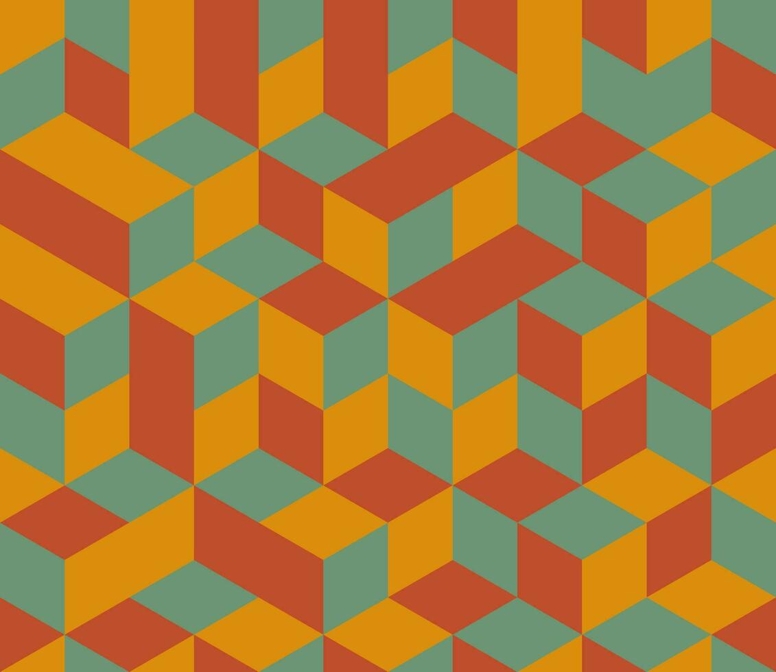 abstrakt bakgrund sömlös geometrisk mönster. kub form, diamant form. röd orange grön Färg. yta design för kläder, textil, bricka, omslag, affisch, flygblad, baner, vägg. vektor illustration.