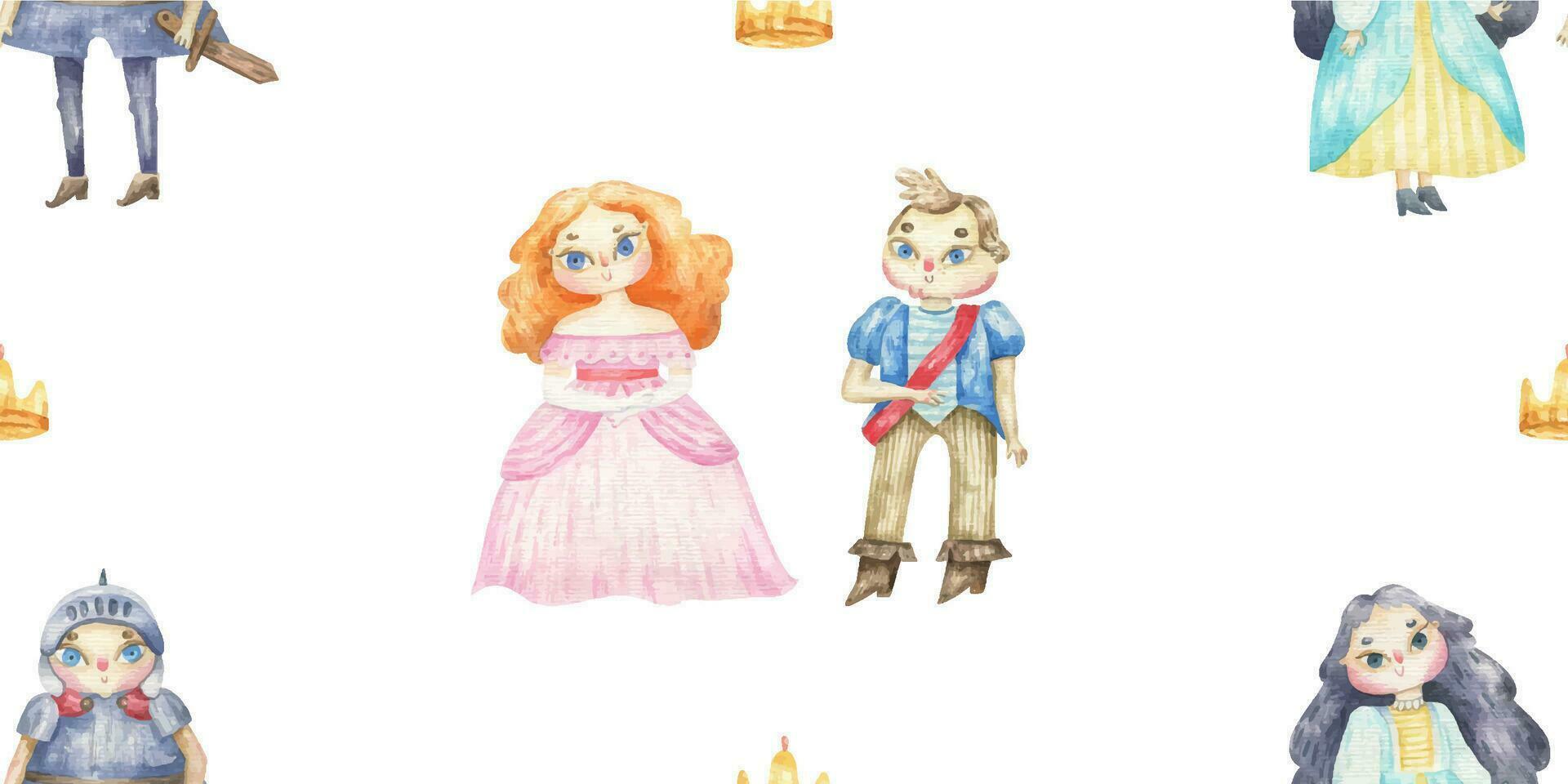 endlos Verpackung Papier mit Mädchen, Prinzessin mit lange Haar und hell Kleider. süß Baby Clip Art. Aquarell Illustration nahtlos Muster zum kindisch Design, drucken, Kindergarten, Hintergrund, Wandkunst vektor