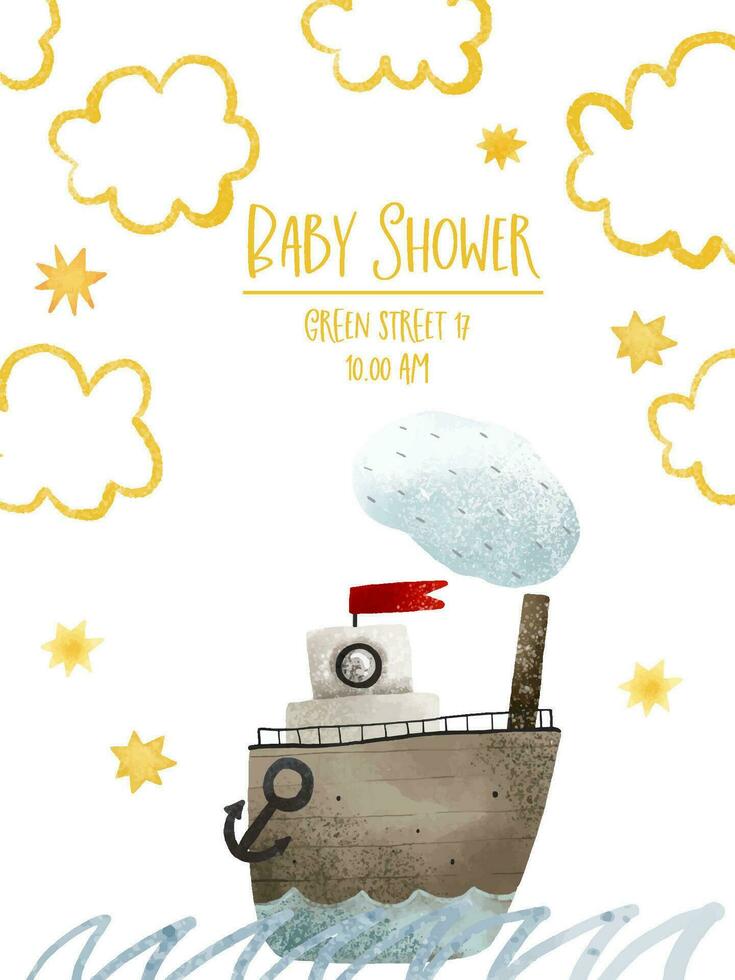bebis dusch kort med hav transportera, nautisk illustration. hav design. vatten äventyr vektor