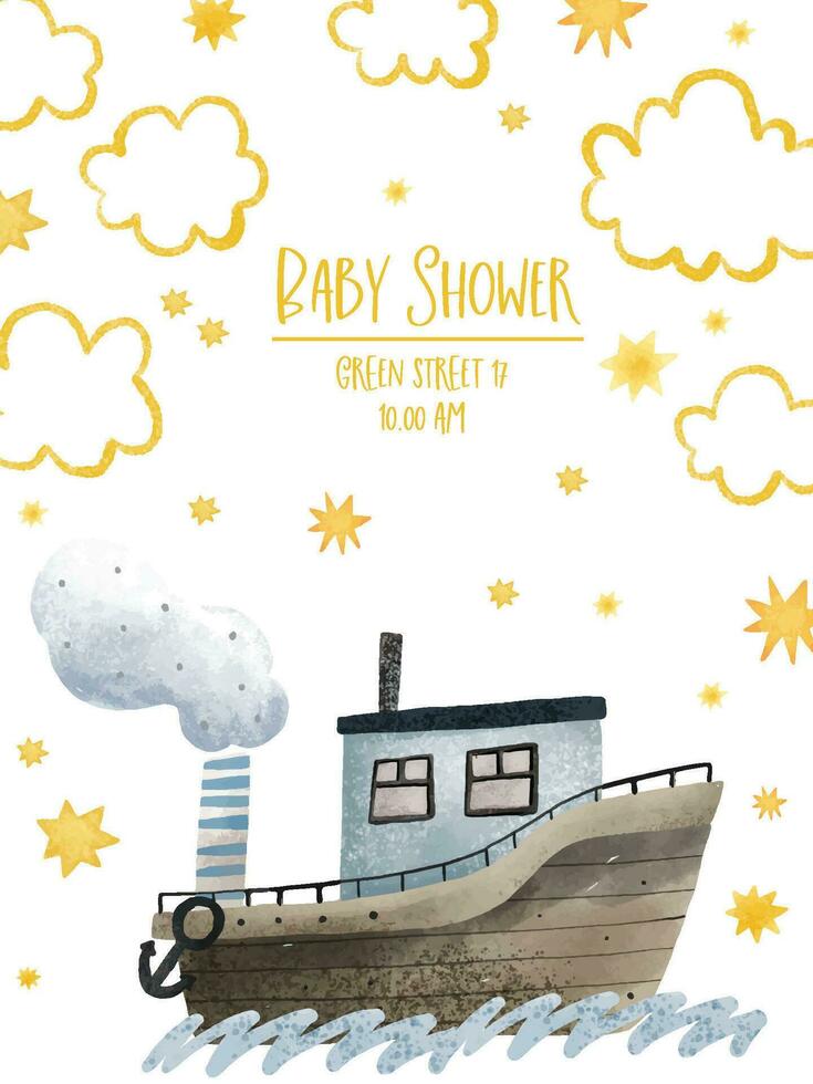 Baby Dusche Karte mit Meer Transport, nautisch Illustration. Ozean Design. Wasser Abenteuer vektor