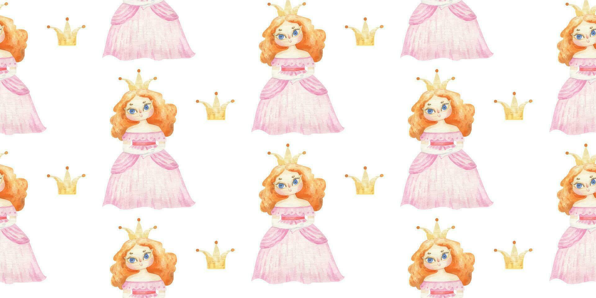 ändlös omslag papper med tjejer, prinsessa med lång hår och ljus klänningar. söt bebis ClipArt. vattenfärg illustration sömlös mönster för barnslig design, skriva ut, barnkammare, bakgrund, vägg målning vektor