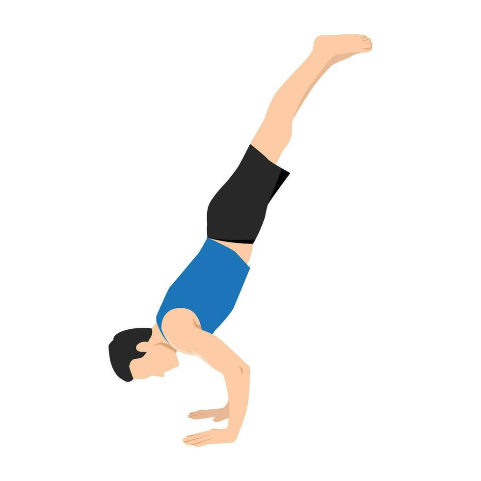 ung man praktiserande yoga stå på händer träning. vektor